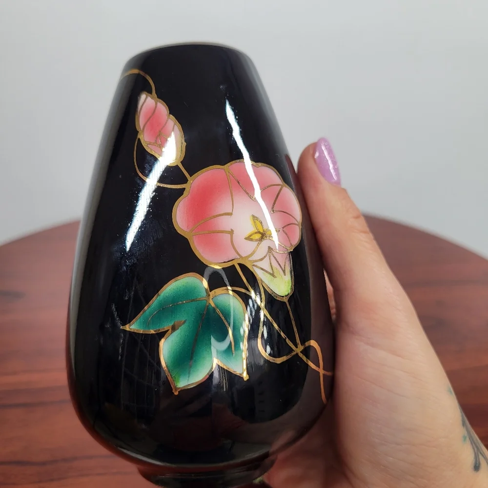 Vintage Andre R. Otagiri Black Bud Vase Crimson‎ Rose Gold Trim Made in Japan